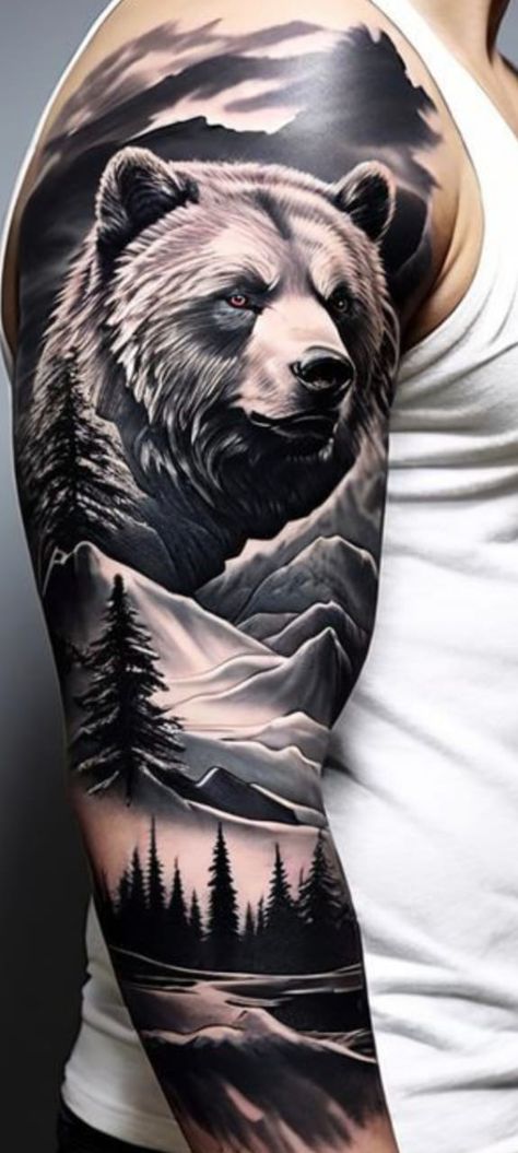 Half Bear Half Wolf Tattoo, Hunting Sleeve Tattoo For Men, Wolf Bear Tattoo, Grizzly Bear Tattoos For Men, Hunting Tattoos For Guys, Sleeve Tattoo For Men, Grizzly Bear Tattoos, Hunting Tattoos, Egypt Tattoo