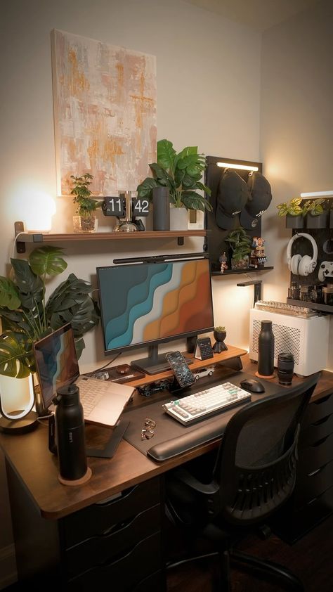 Gamer Table Setup, Wfh Desk Setup 2 Monitors, Couples Desk Setup, Earthy Gaming Setup, 2 Monitor Setup, Apartment Desk Setup, Walnut Desk Setup, Two Monitor Desk Setup, Modern Desk Setup