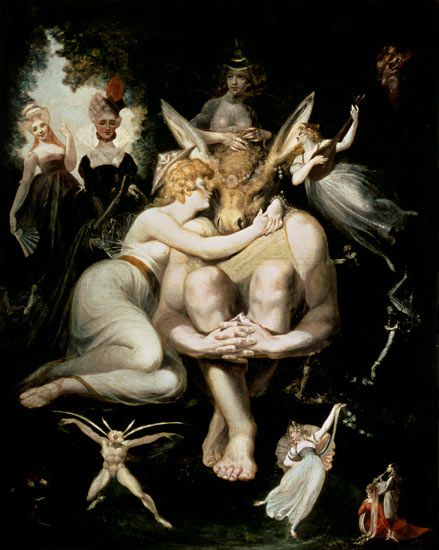 Johann Heinrich Füssli "Titania Awakes, Surrounded by Attendant Fairies, clinging rapturously to Bottom, still wearing the A" Henry Fuseli, Art History Memes, Classical Art Memes, Istoria Artei, History Painting, William Blake, Fairy Queen, William Turner, Midsummer Nights Dream