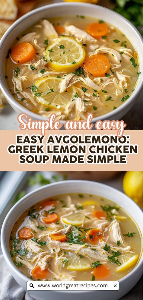 Dive into the flavors of the Mediterranean with this Irresistible Greek Lemon Chicken Soup, also known as Avgolemono. This comforting dish features tender chicken, bright lemon juice, and a creamy egg mixture that creates a rich and satisfying broth. Perfect for cozy dinners or meal prep, this healthy recipe is bursting with nutrients and flavor. Learn how to make this delightful soup with our easy step-by-step instructions and tips for customizing it to your taste. Greek Lemon And Chicken Soup, Greek Lemon Chicken Stew, Greek Chicken Soup Recipes, Greek Lemon Soup Orzo, Chicken Lemon Soup Recipes, Lemon Pepper Chicken Soup, Chicken Breast Soup Recipes, Recipes With Chicken Broth, Mediterranean Diet Soup