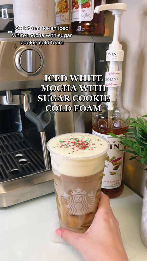 Sugar Cookie Cold Foam Starbucks, Sugar Cookie Cold Foam, How To Make Cold Foam For Coffee, Iced White Mocha At Home, Starbucks At Home Recipes, How To Make Cold Foam, Cold Foam How To Make, How To Make Starbucks Drinks At Home, Starbucks Sugar Cookie