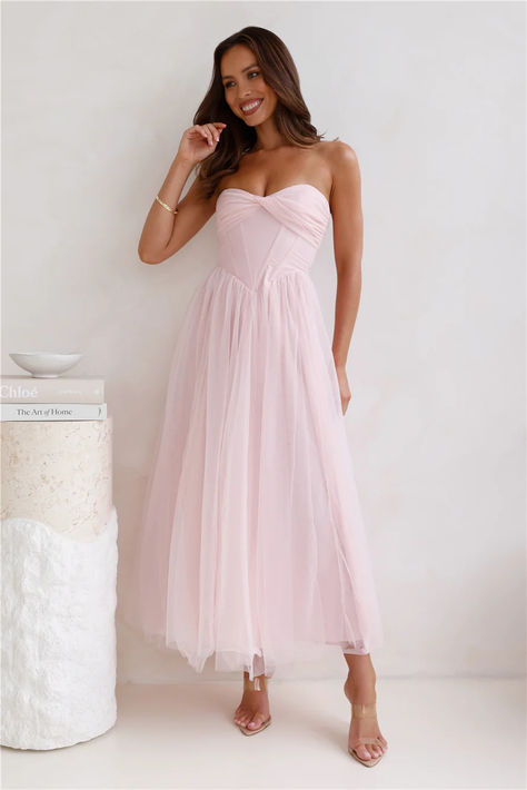 Bring in the compliments with the Worthy Of Diamonds Strapless Tulle Midi Dress. Featuring boning to the bodice and a gorgeous flowy skirt. Style with heels for a fancy day event. #hellomolly Pink Strapless Bridesmaid Dress, Tea Party Bridesmaid Dresses, Prom Dress Mid Size, Formal Pink Dresses, Light Pink Bridesmaid Dresses Long, Flowy Engagement Dress, August Wedding Guest Dress, Pink Bridal Shower Dress, Pink Semi Formal Dress