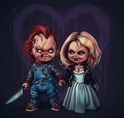 Chucky And His Bride, American Horror Movie, Horror Cartoon, Chucky Doll, Zombie Disney, Bride Of Chucky, Arte Punk, Horror Movie Icons, Horror Artwork