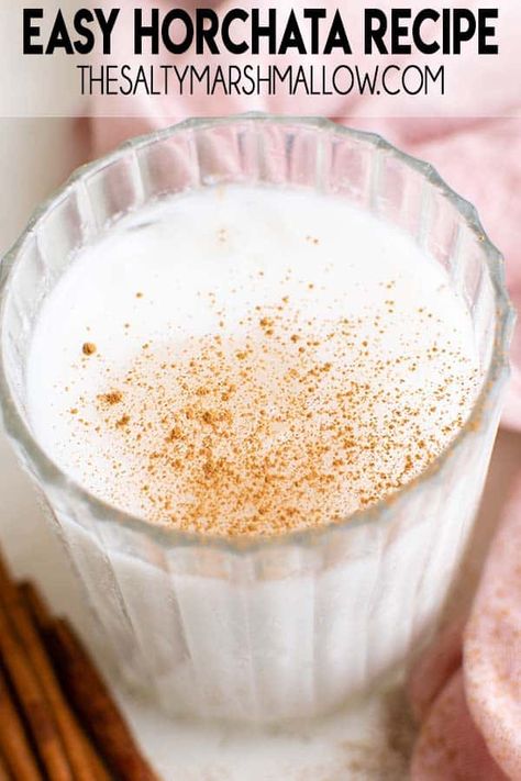 Easy Horchata is a traditional Mexican drink made from white rice soaked in water and flavored with condensed milk and cinnamon!  This refreshing, creamy, drink is perfect for summer! Easy Horchata, Easy Horchata Recipe, Machaca Recipe, Mexican Horchata, The Salty Marshmallow, Horchata Recipe, Salty Marshmallow, Mexican Drinks, Condensed Milk Recipes