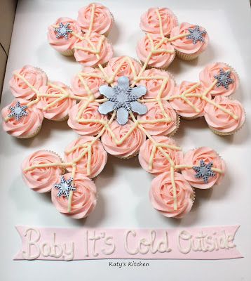 Katy's Kitchen: Baby It's Cold Outside ~ Snowflake Cupcake Cake Snowflake Cupcakes Winter Wonderland, Baby It's Cold Outside Baby Shower Food, Winter Wonderland Cupcakes Pink, Snowflake Cupcake Cake, January Baby Shower Food Ideas, January Baby Girl Shower Ideas, Baby It's Cold Outside Baby Shower Girl, January Girl Baby Shower Ideas, Baby Its Cold Outside Baby Shower Food