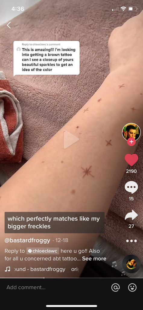 Freckle Stars Tattoo, Freckles Star Tattoo, Tattoos Over Freckles, Brown Tattoo Aesthetic, Light Brown Tattoo Ink, Brown Star Freckle Tattoo, Sparkle Chest Tattoo Female, Star Freckles Tattoo, Brown Freckle Tattoo