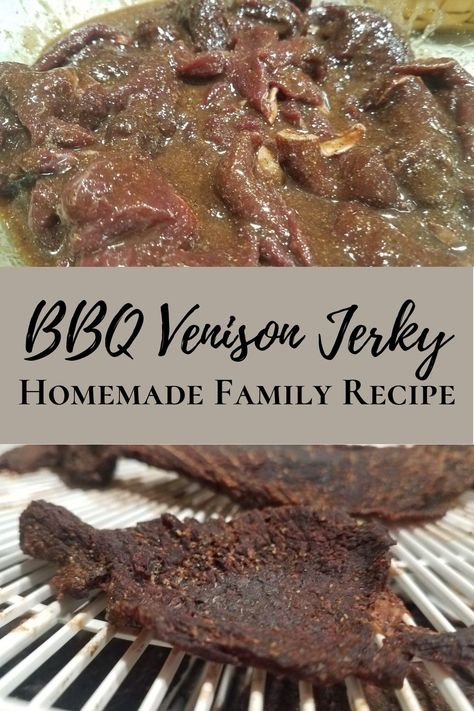 This BBQ venison jerky recipe is based off a family recipe. The main difference is I swapped out the steak sauce for BBQ sauce and we use heat to dehydrate. So it does not take us a whole twelve hours to dehydrate. Using BBQ sauce instead of steak sauce creates a much sweeter piece of jerky with less spice. I still make venison jerky with steak sauce every now and then, but I am an absolute fan of using barbeque sauce. Bbq Jerky Recipes, Deer Jerkey Recipes Dehydrator, Venison Jerky Seasoning Recipe, Venison Jerky Marinade Recipes, Deer Jerky Marinade Recipes, Bbq Venison, Jerky Seasoning Recipe, Jerky Marinade Recipes, Venison Jerky Recipe