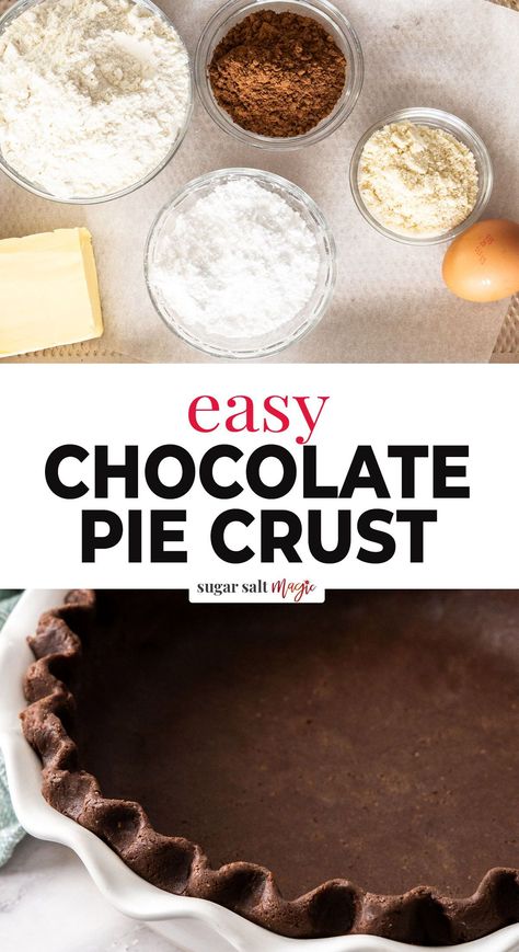 This perfect all-butter chocolate pie crust takes 10 minutes to make and it's loaded with chocolate flavour. Great for all your favourite pies and hand pies. Made in a food processor in mere minutes, with just 6 ingredients, this chocolate pie crust has it all: simplicity, flavour and texture. This chocolate pastry differs slightly with the addition of almond meal / almond flour. This adds a certain tenderness to the pie crust and makes it that much more special. Homemade Oreo Pie Crust, Pie Crust Alternatives, Chocolate Cookie Crust Recipe, Pie Crust Ideas Decorative, Chocolate Crust Pie Recipes, Low Calorie Pie Crust, Chocolate Pie Crust Recipe, Mini Pie Crust Recipe, Chocolate Crust Recipe