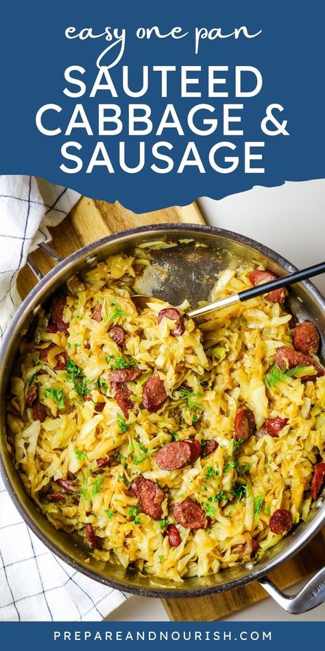 This Easy Fried Cabbage and Sausage Skillet recipe is flavorful, comes together quickly in one pan, and is the perfect solution to your dinner dilemma. Browned Polish sausage, tender-crisp cabbage, and caramelized onions come together to create a delicious and satisfying meal that's ready in no time. Serve it as a standalone main dish or pair it with other sides - either way, this sauteed cabbage and sausage recipe will be a hit on busy weeknights! Cabbage And Sausage Skillet, Cabbage Sausage Stir Fry, Cabbage Skillet With Sausage, Cheesy Cabbage Sausage Skillet, Sausage Skillet Recipe, Cabbage And Conecuh Sausage, Fried Cabbage With Sausage, Sauteed Cabbage, Eastern European Recipes