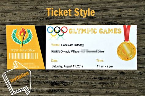 Invite idea Olympic Theme Party, Olympic Theme, Ticket Style, Olympic Party, 4th Birthday Party, Olympic Village, Sports Camp, 4th Birthday Parties, Summer Olympics