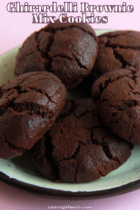 OMG, this Ghirardelli brownie mix cookies recipe is insanely delicious!! While you'll need a box of triple chocolate Ghirardelli mix, it's still a homemade from scratch cookie in my opinion. You can't beat it's fudgy taste and texture. This brownie mix recipe is for a box of Ghirardelli, but I know pillsbury, betty crocker and other brands sell boxed brownie mixes so you may need to adjust. Baking these cookies is great for any occasion especially Christmas! You can also add optional m&m's. Cookie Brownies From Mix Boxes, Cookies Made With Brownie Mix Boxes, Giardelli Brownie Mix Recipes, Brownie Mix Christmas Cookies, Brownie Brittle From Mix Boxes, How To Make Cookies From Brownie Mix Boxes, Betty Crocker Christmas Cookies, Ghirardelli Brownie Mix Cookies, Brownie Cookies From Mix Boxes Betty Crocker