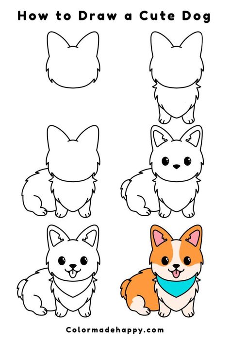 Puppy Drawings, Trin For Trin Tegning, Dog Drawing Tutorial, Dog Drawing Simple, Cute Dog Drawing, Chinese Dog, Dog Drawings, Puppy Drawing, Easy Drawing Tutorial