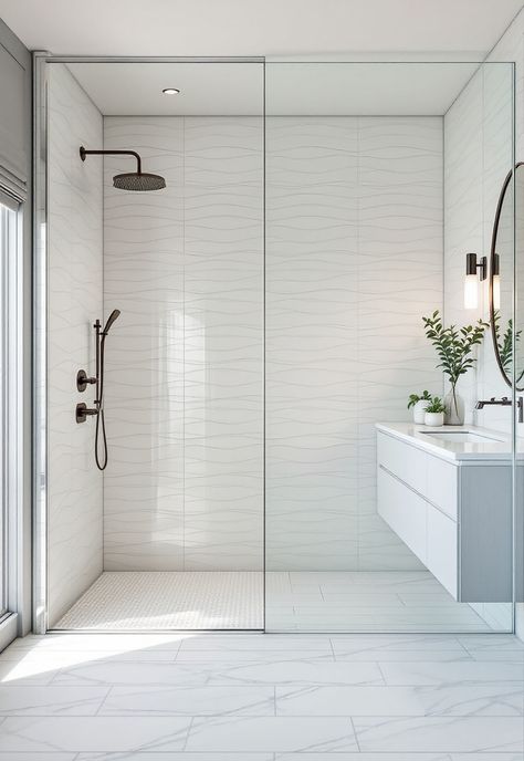 Coastal Bathroom Shower Ideas White Glass Tile Shower Ideas, White Textured Tiles Bathroom, Modern Coastal Bathroom Tile, White Wave Tile Bathroom Showers, White Tile Shower Ideas Walk In, Coastal Shower Ideas, Coastal Shower Tile Ideas, Textured Tiles Bathroom, Beach House Master Bath