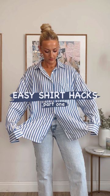 Emily James on Instagram: "3 quick & easy ways to change up your classic shirt 💙 Save for inspiration! which style is your fave?  #outfithacks #reelsfashion #fashionhacks" Oversized Shirt To Fitted, Blouse Over Shirt Outfit, How To Style A Striped Shirt Long Sleeve, Dress Shirt Ideas For Women, Pinstripe Shirt Outfit Casual, Womens Dress Shirt Outfit, Stripe Shirt Work Outfit, Mens Shirt Hacks For Women, How To Wear Oversized Button Down Shirt