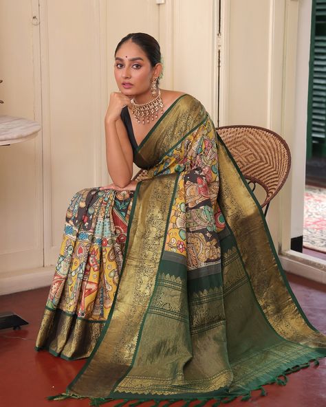 ***SOLD*** INR 46,000 Pure Kanjivaram silk Kalamkari saree based on Indian Mythology. The saree border is beautiful with horses. The saree comes with an unstitched blouse piece. . Dm us or Whatsapp us on +91 89209 18425. Kalamkari pieces will have stains, bleeding and irregularities these are a part of the art and not defects. Please review each pic before purchase as these things are not considered defects. As we capture them carefully in all images. Please note there may be variations in... Indian Mythology, Fancy Sarees Party Wear, Simple Sarees, Kalamkari Saree, Indian Dresses Traditional, Saree Border, Indian Bridal Fashion, Saree Look, Fancy Sarees