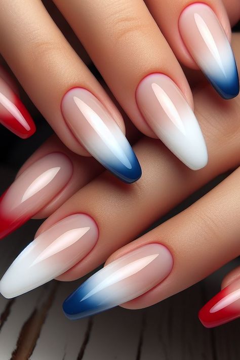 Achieve a chic and sophisticated look this 4th of July with simple and elegant red, white, and blue ombre nails. Perfect for summer, these gradient designs blend patriotic colors seamlessly for a stylish and subtle festive touch. Nail For 4th Of July, Nail Inspiration 4th Of July, Summer Nails Metallic, Blue And Red Ombre Nails, Red Blue Ombre Nails, 4th Of July Nails Subtle, Chrome Red White And Blue Nails, Subtle July 4th Nails, 4th Of July Chrome Nails