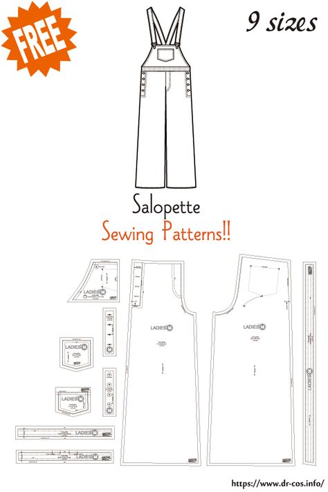 This is the pattern of Salopette(overalls). inch size(letter size) Children's-4,8,10/Ladies'-S,M,L,LL/Men's-S,M,L,LL cm size(A4 size) Children's-100,120,140/Ladies'-S,M,L,LL/Men's-S,M,L,LL Added the number of fabric meters required for each size Overalls Diy How To Make, Overall Jumper Pattern, Denim Overalls Sewing Pattern, Overalls Free Pattern, Bib Overalls Pattern, Baggy Overalls Sewing Pattern, Pattern For Overalls, Free Sewing Patterns Overalls, Diy Dungarees Free Pattern