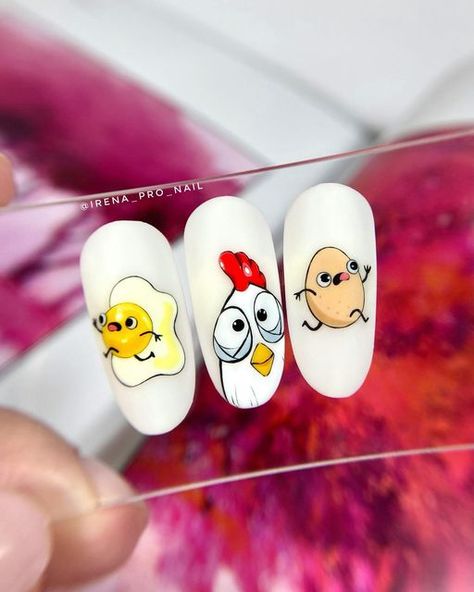 Chicken Nails Designs, Chicken Nail Art, Chick Nail Art, Chicken Nails, Egg Nail Art, Easter Chick Nails, Cute Rabbit Nail Art, Nail Art Courses, Animal Nail Designs