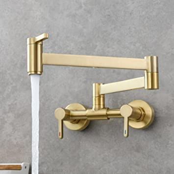 Kitchen Mixer Tap Wall Mounted Brass Hot and Cold Water Double Hole Swivel Folding Kitchen Sink Tap-Brushed Gold Kitchen Faucet Styles, Wall Mounted Kitchen Faucet, Wall Mounted Taps, Brass Kitchen Faucet, Wall Mount Faucet Bathroom, Kitchen Sink Taps, Pot Filler Faucet, Wall Mount Faucet, Pot Filler