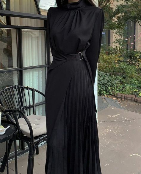 Black Dress Elegant Modest, Black And White Spot Dress, Elegant Dresses Classy Modest Black, Long Autumn Dress, Black Dress Classy Elegant Long Modest, Long Black Dress Modest, Long Black Dress With Long Sleeves, Elegant Black Dress Long Sleeve, Black Slim Dress Long