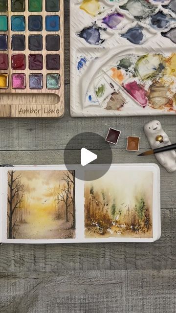 Amber Lane | Watercolor Enthusiast on Instagram: "I’m loving this little series ☺️…and the juxtaposition of the two styles. Which for me are fun side by side. 

The loose abstract on the right is inspired by @joannagray75 

The loose atmospheric watercolor landscape on the left was painted with @mashaswatercolors ☺️ 

Paper is from @allaboutartinter use discount code amber10 

Brush and sketchbook by @etchr_lab linked in my bio under my Amazon store or I’d be happy to send you the links. 

Shimmer by @cozmickcreations_watercolors LAST day for 25% shimmers in her shop! No code needed. 

#watercolor #sketcbook #watercolorsketchbook #watercolorabstract #watercolorpainting #etchrsketchbook #falllandscape" Fill Your Cup, Animal Products, Silver Silk, Loose Watercolor, Misty Forest, Fall Watercolor, Watercolor Sketchbook, Autumn Landscape, Autumn Art