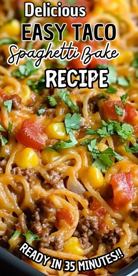 Easy Delicious Taco Spaghetti Bake Taco Spaghetti Bake, Spaghetti Baked, Spaghetti Bake, Baked Tacos Recipe, Baked Spaghetti Casserole, Taco Spaghetti, Easy Taco Recipes, American Foods, Homemade Spaghetti