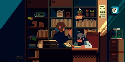 Pixel Art Studying, Notion Header Gif, Pixel Art Notion Header, Pixel Art Bookshelf, College Gif, Notion Cover Aesthetic Gif Studying, Coffee Pixel Art Gif, Dark Academia Wallpaper Laptop, Gif Desktop Wallpaper Pixel