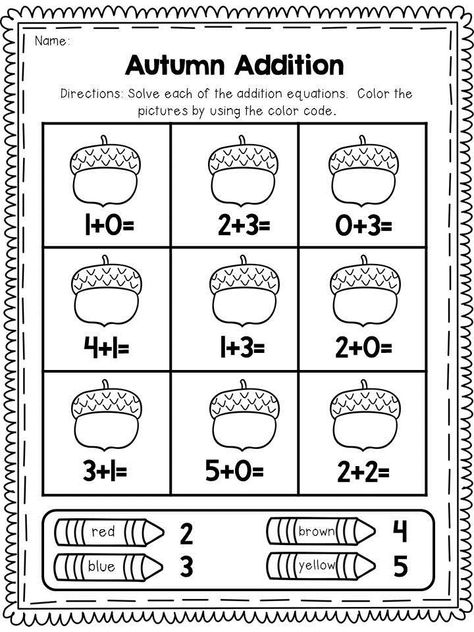 Fall Addition Worksheets Kindergarten and First Grade Math Addition Add and Color Pages Kindergarten Math Worksheet, Kindergarten Addition Activities, Fall Kindergarten Worksheets, Math For 1st Grade, Addition For Kindergarten, Kindergarten Worksheets Math, Addition Worksheets Kindergarten, Addition Activities Kindergarten, Fall Math Kindergarten