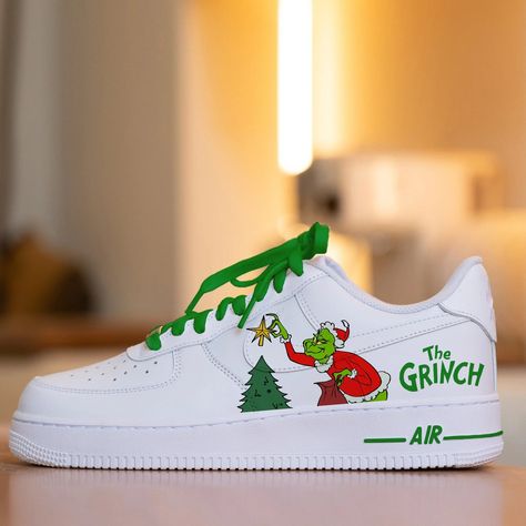 Custom Nike Air Force 1 Shoes Christmas Grinch Grinch Air Force 1, Custom Nike Air Force 1, Grinch Hand, Customized Shoes, Nike Custom, Custom Nike Air Force, Air Force 1 Shoes, Shoe Stretcher, Christmas Shoes