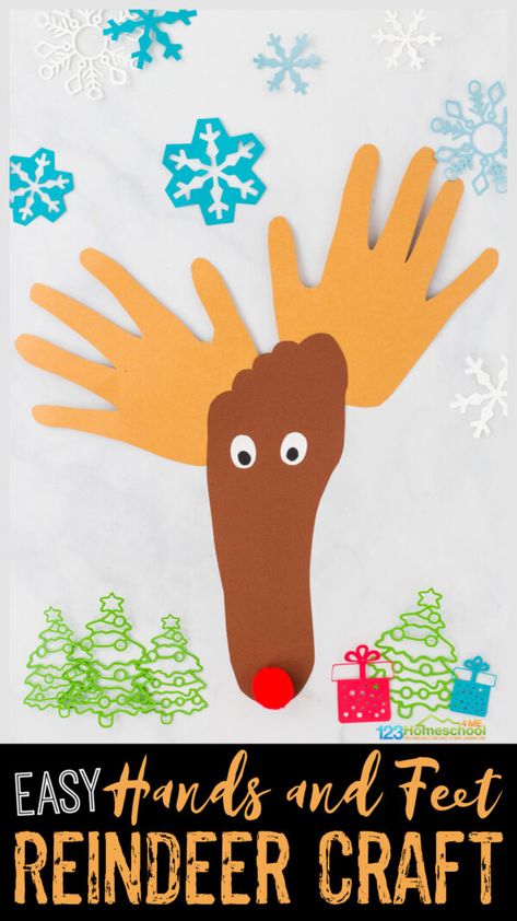 Toddler Christmas Crafts Reindeer, Reindeer Footprint Craft, Reindeer Crafts Preschool, Christmas Reindeer Craft, Reindeer Footprint, Hand Art Projects, December Preschool, Rudolph Crafts, Reindeer Crafts