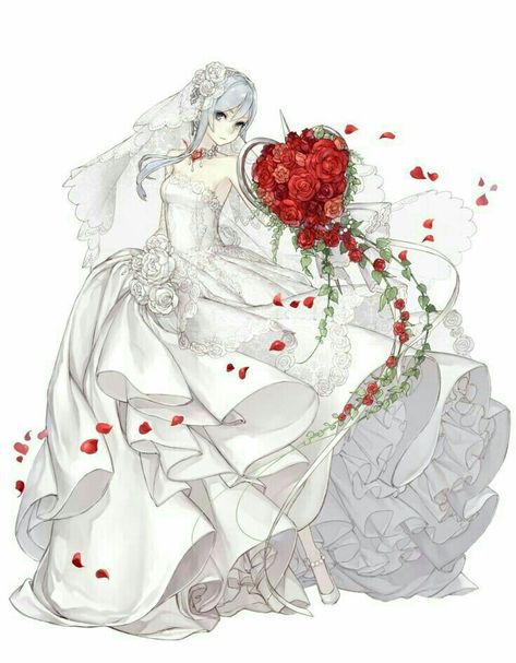 White Mage, Bouquet Of Roses, A Wedding Dress, A Wedding, Snow White, Art Gallery, Roses, Wedding Dress, Anime