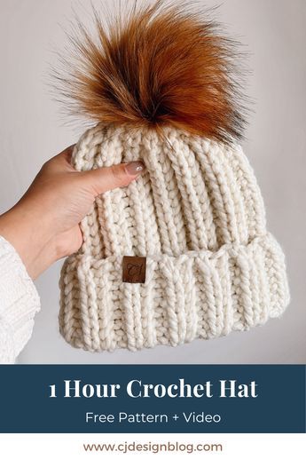 Fun and squishy hat for winter, a free crochet pattern and video tutorial by CJ Design Blog Free Toque Crochet Pattern, Modern Crochet Hats, Crochet Toque Pattern Free, Crochet Hat Thick Yarn, Crochet Winter Beanie Free Pattern, Crochet Hat With Super Bulky Yarn, Crochet Hat With Bulky Yarn, Bulky Yarn Hat Crochet, Winter Hats Crochet