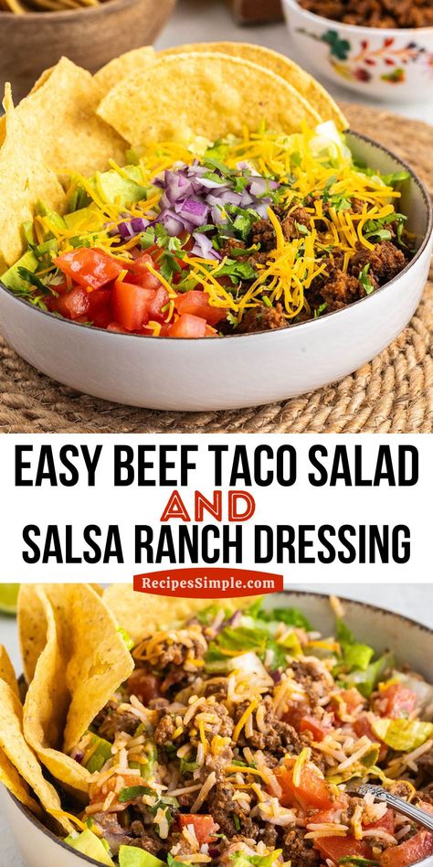 This delicious Beef Taco Salad is an easy dish made with seasoned ground beef, fresh veggies, shredded cheese and a creamy dressing. Beef Taco Salad Recipe, Beef Taco Salad, Salsa Ranch Dressing, Taco Salad Dressing, Leftover Taco Meat, Ground Beef Taco, Seasoned Ground Beef, Beef Taco, Taco Salad Recipes