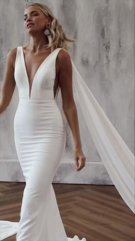 Simple And Sleek Wedding Dress, Plain Silk Wedding Dress Simple, Wedding Dresses Low V Neck, White Simple Dress Wedding, Plain V Neck Wedding Dress, Mermaid Wedding Dress No Lace, Deep V Neck Wedding Dress Fitted, Plain Classy Wedding Dresses, Plain White Wedding Gown