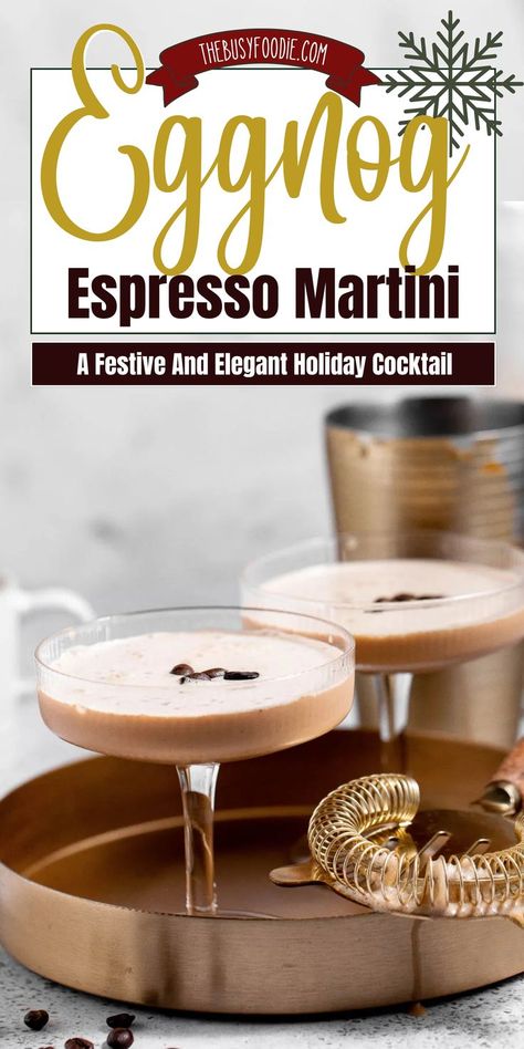 If you’re looking for a cocktail recipe that’s steeped in holiday spirit, you need to try this Eggnog Espresso Martini. Made with a combination of creamy eggnog and energizing espresso it’s a festive twist on the classic espresso martini recipe that’s perfect for winter gatherings! Eggnog Martini, Cinnamon Sugar Rim, Creamy Eggnog, Chocolate Covered Espresso Beans, Espresso Martini Recipe, Xmas Treats, Martini Recipe, Vanilla Syrup, Martini Recipes