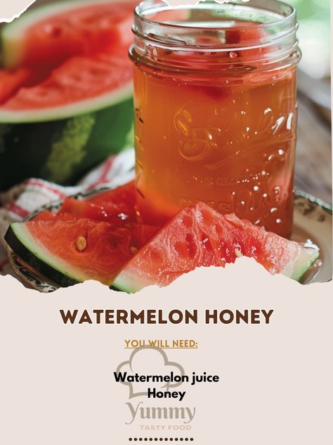 🍉🍯 Sweeten your day with Watermelon Honey! A unique twist on natural sweetness. #SweetSummer Watermelon Honey Ingredients: Watermelon juice (4 cups) Honey (1/2 cup) Instructions: Combine watermelon juice and honey in a saucepan. Simmer until reduced by half. Cool and store in a jar. 🐝🍉 Enjoy this natural sweetener in your teas, desserts, or drizzled over fruit! Let #WatermelonHoneyBuzz brighten your meals! Watermelon Honey, Cozy Fall Recipes, Festive Drinks, Watermelon Juice, Hearty Soups, Natural Sweeteners, In A Jar, Savoury Dishes, Fall Recipes