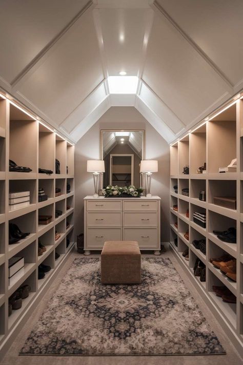 20 Inspiring Low Ceiling Attic Ideas You’ll Love Closet With Pitched Ceiling, Walk In Closet Ideas Sloped Ceiling, Sloped Closet Slanted Ceiling, Walk In Attic Closet, Low Ceiling Closet Ideas, Closet Slanted Ceiling, Angled Closet Ideas Sloped Ceiling, Attic Organization Ideas, Attic Closet Ideas Angled Ceilings