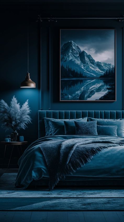 Dive into luxury with this modern bedroom retreat, inspired by deep ocean hues. 🌊💙 The rich dark blue walls create an inviting atmosphere, complemented by the statement bed and cozy rug. The elegant chandelier adds a hint of glam, making it an ideal space for relaxation and rejuvenation. Create your own nautical-inspired haven with this sophisticated design! #HomeDecor #ModernLiving #BedroomInspo Dark Blue Gothic Bedroom, Dark Ocean Themed Bedroom, Midnight Blue Room, Dark Blue Aesthetic Room, Deep Teal Bedroom, Deep Blue Bedroom, Sea Theme Bedrooms, Wallpaper Deco, Royal Blue Bedrooms