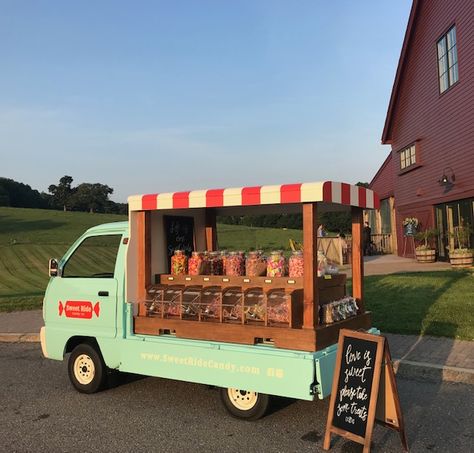 mini mobile candy store!   candy truck available for weddings, parties & events #candytruck #foodtruck #weddings #parties #sweet16#barmitzvah #batmitzvah #bridalshower #babyshower#minitruck Candy Food Truck, Candy Truck, Mobile Coffee Cart, Truck Store, Tiny Farm, Candy Food, Rustic Cafe, Food Cart Design, Flower Truck