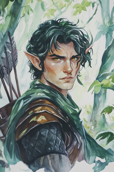 Elion Tharal stands tall and lean, defined by a sculpted physique typical of his elven race. His skin is a rich, deep umber, complementing the vibrant green of his long, green hair that flows like a natural waterfall to his shoulders. Bright yellow-green eyes peer from beneath a broad forehead. He wears lightweight leather armor in muted browns and greens, allowing for stealth, and carries a quive... Green Hair Elf Male, Character Design Green Hair, Elf Characters Male, Male Elf Character Art, Rogue Dnd Character Design, Dnd Half Elf Male, Male Elf Character Design, Male Elf Art, Broad Forehead