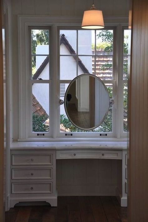 windows over bathroom vanities | pivot mirror over window Makeup Vanity In Front Of Window, Vanity In Front Of Window, All White Bathroom, Closet Vanity, Vanity Area, Bathroom Windows, Dressing Mirror, Window Room, Traditional Bathroom