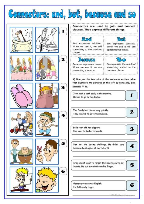 Connectors: and, but, because, so - English ESL Worksheets for distance learning and physical classrooms Teaching Conjunctions, Conjunctions Worksheet, Linking Words, Esl Grammar, Esl Teaching Resources, English Teaching Materials, Free Classes, Teaching English Grammar, English Exercises