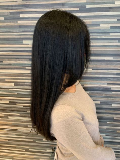 Long asian woman’s haircut with soft curtain bangs by Jane at Muse Hair Salon Black Hair Curtain Bangs Straight, Asian Haircut Thick Hair, Soft Front Layers Medium Hair, Long Layers Asian Hair Straight, Asian Haircut Long Straight Black Hair, Front Short Back Long Haircut, Straight Asian Haircut, Hair System Women, Curtain Bangs Asian