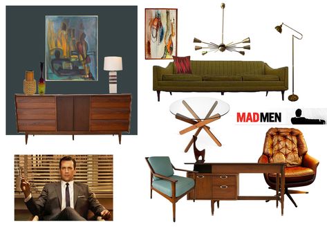 Putting together a style board for Mad Men-inspired Room: Don Draper's office Mad Men Style Decor, Mad Men Furniture, Mid Century Modern Office Design, Mad Men Interior Design, Record Corner, Men Office Decor, Mad Men Office, Brown Leather Office Chair, Mad Men Decor