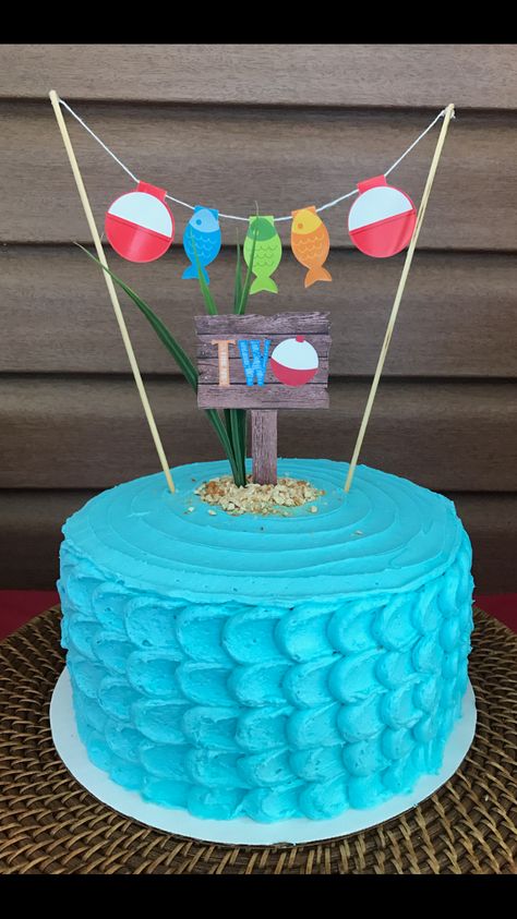 oFISHally TWO! Fishing themed cake O Fish Ally Two Birthday Decorations, Oh'fish'ally One Birthday Cake, Ofishally Two Birthday Cake, Ofishally Two Birthday, Ofishally One Cake, Fish Themed Cake, Ofishally One Birthday Cake, Pj Masks Birthday Cake, Fishing Baby Shower Theme