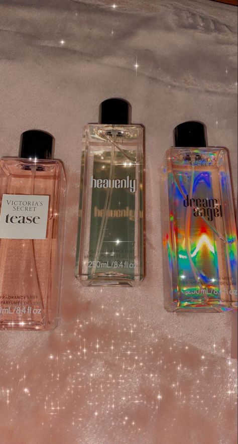 victoria’s secret body mist in fragrances tease, heavenly, and dream angel Dream Angel Victoria Secrets, Victoria Secret Heavenly Perfume, Victoria Secret Heavenly, Victoria's Secret Angel, Rich Money, Victoria Secret Perfume, Skin Care Items, Body Smells, Victoria Secret Angels