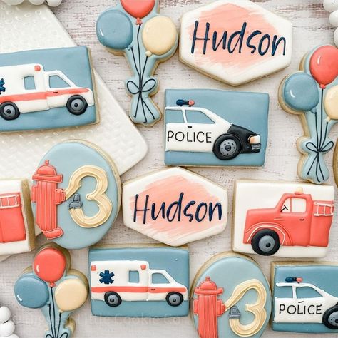 Fire Truck And Police Car Birthday Party, Ambulance Cookies Decorated, Police Fire Ambulance Birthday Party, Rescue Vehicles Birthday Party, Emergency Birthday Party, Rescue Team Birthday Party, Ambulance Cookies, Rescue Vehicle Birthday Party, Two The Rescue Birthday