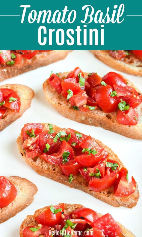 Looking for Easy Appetizer Ideas? You’ll LOVE this scrumptious Tomato Crostini recipe! Learn how to make the BEST Tomato Basil Crostini using simple, healthy ingredients: cherry or grape tomatoes, garlic, basil, balsamic vinegar, and crispy mini toasts. This Crostini with Tomatoes is a yummy Bruschetta Crostini hybrid that’s quick, easy to make, and bursting with fresh flavors! Perfect for using leftover bread, and a crowd pleaser for parties. Vegetarian, Vegan, Dairy Free! | Hello Little Home Veggie Recipes Breakfast, Roasted Grape Tomatoes, Vegan Appetizers Recipes, Bruschetta Toppings, Crostini Recipes, Grape Recipes, Vegetarian Snacks, Vegetarian Appetizers, Tomato Basil