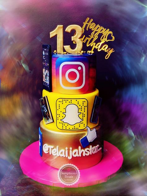 Social Media Theme Birthday Cake #socialmediacake #facebook #tiktok #iphonetopper #twitter #google #netflix #customcakes #fondantcakes #torontocakes #specialtycakes #teenagercakes #alledibleimages #gtacakes #socialmediathemedcake www.instagram.com/sumptuoustreats Instagram Cake Design, Social Media Cake Ideas, Girls 13th Birthday Cake, Social Media Birthday Cake, Instagram Cake Ideas, Social Media Theme Cake, Birthday Cakes 13, Cake 13th Birthday, 13th Birthday Cake For Girls