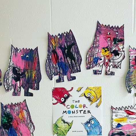 Melanie Price on Instagram: "Not much to see here but some color monsters. (under some bad hallway lighting) We read the book and then marble painted a color monster all the colors of his feelings, then added eyeball stickers and drew mouths with black sharpie. I found the monster template through a google search, printed on white card stock, and cut them out after the paint dried. I love this book anytime but especially during BTS because it’s great for colors and social emotional learning. ❤ Monster Template, The Color Monster, Color Monster, Grade 1 Art, Artist Study, Monster Book Of Monsters, Classroom Art, Marble Painting, Black Sharpie